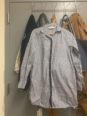 Zara Blue and White Striped Long Button-Down Shirt Dress